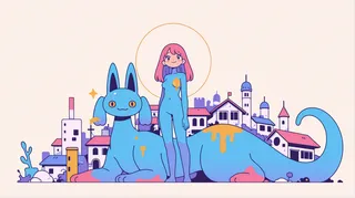 A colorful, surreal illustration featuring a blue humanoid figure with pink hair standing next to a large blue fantasy creature with rabbit-like ears, set in front of a stylized cartoon cityscape.