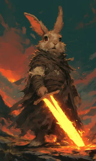 A fearsome rabbit dressed in rugged armor stands in a wasteland, holding a glowing sword with determination, against a dramatic sky with dynamic shadows.