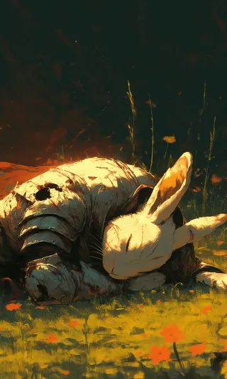 A scarred white rabbit wearing damaged, bloody knight armor lies sleeping peacefully on a brightly lit meadow with red flowers, set against a dark and desolate wasteland backdrop.