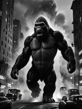 Dramatic black and white cinematic shot of a massive King Kong rampaging through 1930s New York City streets amid destruction and smoke, viewed from a low angle.