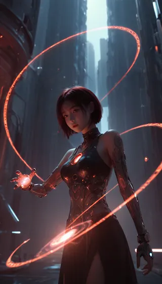 A cyberpunk-style girl with a mechanical arm and tattoo, surrounded by glowing magic arrays in a dark, futuristic cityscape.