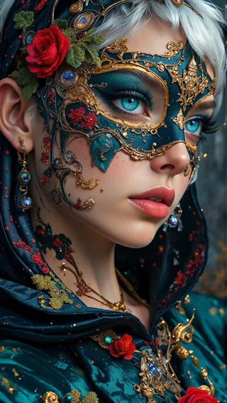 Extreme close-up portrait of a person wearing an ornate, dark teal mask with golden filigree and red rose decorations, bright ice-blue eyes framed by intricate makeup, and platinum-silver pixie cut hair.