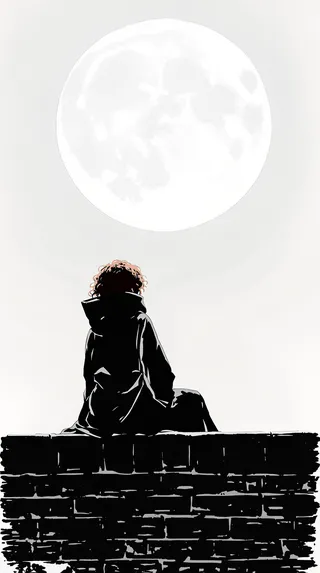 Digital ink drawing of a silhouette girl with curly red hair sitting on a brick wall under a large full moon with a watercolor effect.