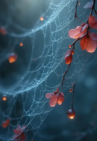 Delicate celestial web of crimson threads and glowing spherical droplets intertwined with fine tendrils, set against a soft, hazy blue background.
