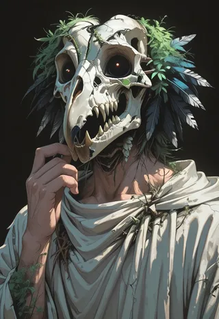 A male figure wearing a detailed bird skull mask adorned with feathers and greenery, dressed in a white robe, set against a black background.