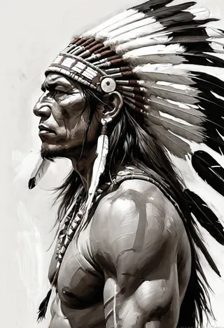 Side view portrait of a muscular Native American warrior wearing a detailed feathered headdress, rendered in black and white impressionism oil painting style on a neutral background.