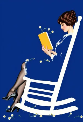 A woman with a classic bob hairstyle reading a yellow book while seated in a white rocking chair, her dark blue dress blending into a dark blue background with scattered daisies.