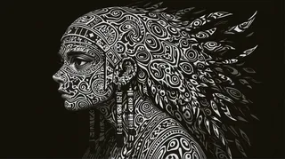 Tribal portrait of a man with intricate black and white abstract ink patterns covering the face, headgear, and shoulder against a dark background.