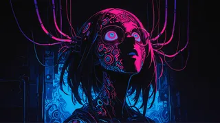 A stylized cyberpunk portrait of a woman with tribal ink patterns, bald head, glasses, looking upward, surrounded by pink and blue glowing electrical wires.