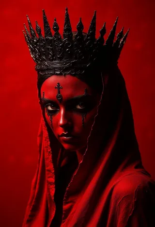 A haunting portrait of a woman shrouded in red fabric, wearing a black spiked gothic crown with intricate macabre details, set against a crimson background.