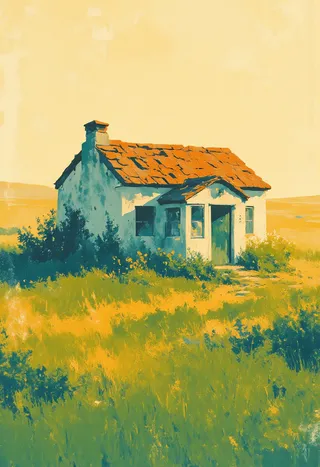 A white cottage with a red tile roof stands isolated in a vast grassland desert, bathed in golden hour sunlight with emerald green grass stretching to the horizon.