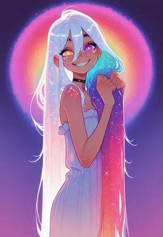 A smiling girl with absurdly long white and multicolored rainbow hair, heterochromia with one jade eye and one ruby eye, wearing a white sundress and choker, surrounded by a glowing rainbow cosmic background.