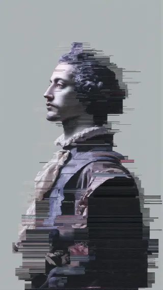 Vertical portrait of a Baroque-style human silhouette featuring glitch art with horizontal scan lines and digital distortion against a minimal grey background.