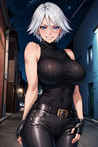Anime-style character Doachristie wearing a sleeveless black turtleneck sweater and black pants with fingerless gloves, standing confidently in a nighttime alleyway under a starry sky.