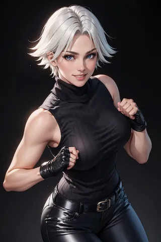 A white-haired woman in a sleeveless black turtleneck sweater and black pants is shown in a fighting stance with fingerless gloves, smiling and looking at the viewer against a black background.