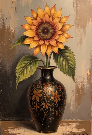 A detailed painting of a vibrant sunflower with yellow petals and green leaves in an ornate black vase decorated with copper floral patterns.