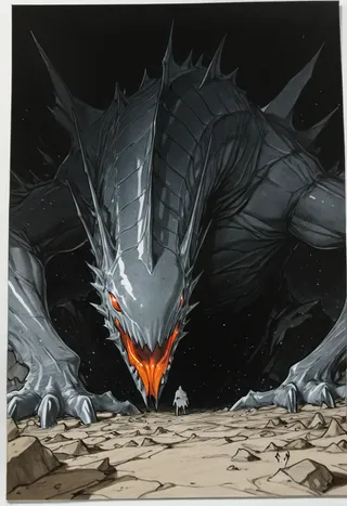 Close-up of a giant eldritch monster named Creon with glowing orange eyes and mouth in a dark shadowy environment over broken terrain, facing a small human figure.
