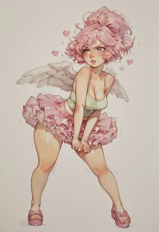 An angel girl with pink hair and white wings wearing a pale green tank top and pink tutu skirt in watercolor style, showing an angry expression with shaking fists.