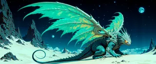 A fantasy creature called austerulous myrdzungler with colorful feather-like translucent membranes on its back, resting in a moonlit alien desert with white dunes and rocky formations under starry sky.