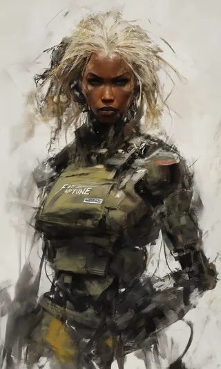 Realistic concept art of a mature African American military cyborg woman with blond hair, painted with chaotic brush strokes.