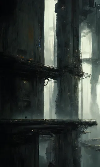 A lone figure stands on a narrow elevated walkway within a dark, futuristic industrial complex surrounded by towering textured walls and intricate metal structures under atmospheric lighting.