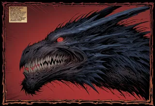 Close-up side view of an angry elder dragon head with slit pupil eye and sharp teeth in a dark fantasy comic book style on a red background.