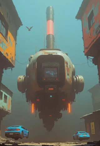 A large, rusted steampunk ship named 'el pocho' floats in a foggy harbor, flanked by two blue vintage cars suspended in mid-air, framed by colorful worn buildings.