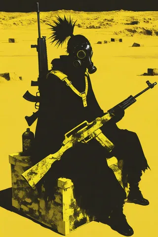 Silhouette of a male figure wearing a gas mask and black cloak, sitting on a box in a yellow desert environment, holding a rifle with spiky black hair tied in a high ponytail.