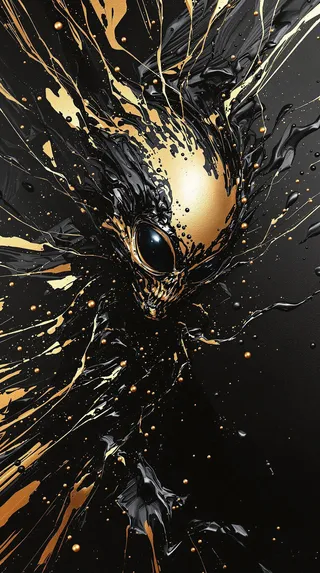 A detailed abstract painting of an alien figure created using dynamic black and gold metallic paint strokes, conveying rapid motion and surreal energy.