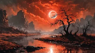 A dark, moody fantasy landscape featuring a blood-red river flowing through rough black riverbanks under a huge glowing crescent moon in an ethereal night sky with leafless trees.