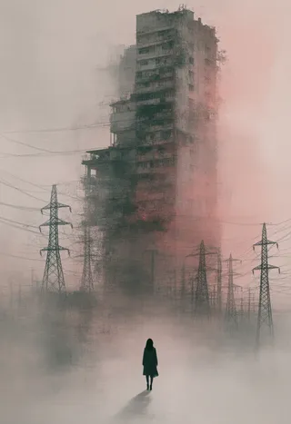 Solitary woman stands in foggy urban landscape with crumbling apartment buildings and towering electricity pylons under a sepia-toned abstract sky.