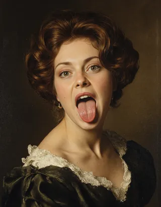 A dramatic Baroque-style portrait of a woman dressed in 1960 vintage clothing with her tongue sticking out, lit with chiaroscuro lighting.