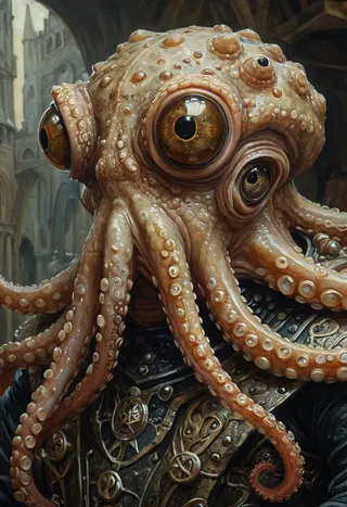 Close-up portrait of a futuristic octopus-like alien creature with large detailed eyes and tentacles, wearing intricate medieval armor in a dim, gothic environment.