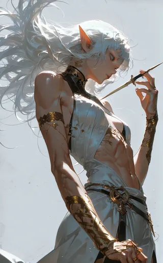 A female elf with long white hair in a dynamic pose holding a dagger. She has a lean muscular body, wearing elegant armor with golden accents under dramatic lighting.