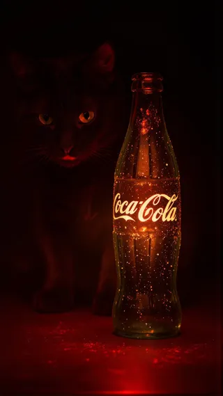 Mischievous black cat crouching behind a glowing Coca-Cola bottle with shimmering condensation in a red and gold cinematic lighting setting.