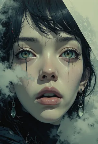 A cloudy, highly detailed close-up of a young woman's face with muted colors, in Otomo Katsuhiro style, showing introspective expression with surreal atmospheric realism.