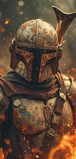 Photorealistic portrait of the Mandalorian wearing a weathered Beskar helmet and battle-worn armor with cinematic lighting and ember glow in a dark fantasy setting.