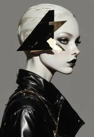 High-contrast fashion portrait of a model with short white hair wearing an avant-garde geometric eyepiece with black angular shapes and gold accents, black lipstick, and a glossy black leather jacket with studs, shown in profile.