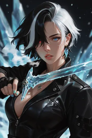 A young woman with heterochromia and short black-and-white hair, wearing a black leather jacket and fingerless gloves, holding a glowing ice sword amid swirling ice magic.