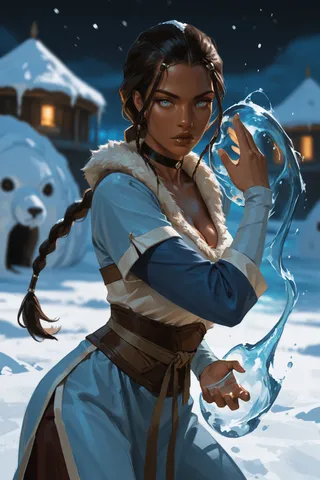 Dark-skinned female waterbender in blue winter clothes, controlling glowing water with braided hair, standing in snowy landscape with igloos at night.
