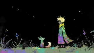 A solitary silhouette of The Little Prince with yellow scarf standing beside a fox under a starry night sky, depicted in a minimalist, abstract style with colorful gradients.