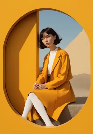 A woman dressed in a vibrant mustard-yellow outfit sits framed inside a large circular architectural opening, with clear blue sky in the background and minimalist geometric composition.