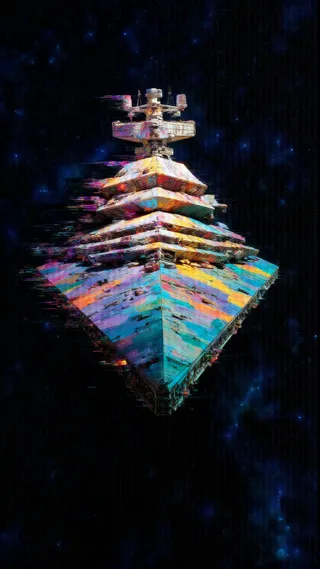 超寫實星際大戰的星際驅逐艦，帶有 glitch 效果和巴洛克 glitchcore 風格，漂浮在黑暗空間中。