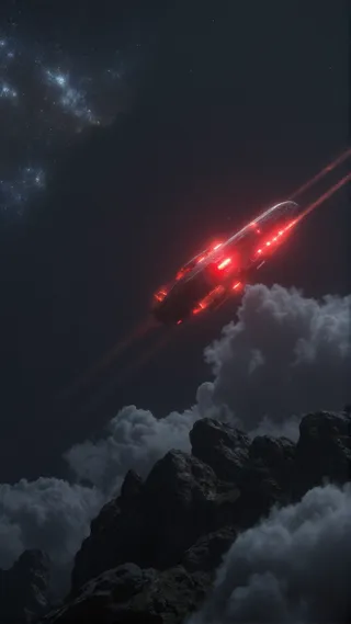 一艘超逼真的紅色太空船在布滿星星的夜空中飛行，下面是岩石地形和厚厚的雲層，太空船發出紅光並帶有電影動態光跡。