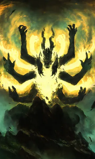 A glowing multi-armed demonic figure surrounded by swirling ethereal flames, sitting on a dark rocky surface with a powerful fiery aura.