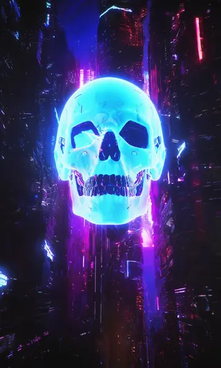 Glowing cybernetic skull emitting neon blue and purple light in a dark futuristic cityscape with illuminated abstract structures.