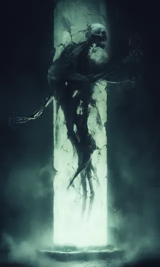 A dark, twisted skeletal creature emerges from a cracked, glowing pillar surrounded by eerie, misty light in a digital painting.
