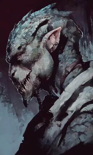 Profile digital painting of a lizard-man with reptilian face, sharp teeth, and scaly skin set against a dark, moody background.