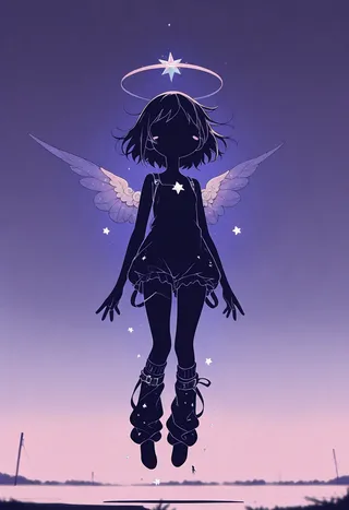 Silhouetted angel figure floating against a soft pastel blue and purple sky, with glowing wings, star-shaped halo, and star details around.