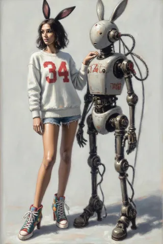 Realistic cyberpunk-style painting of a woman in a white sweater with '34' and bunny ears, standing next to a vintage mechanical robot with bunny ears.